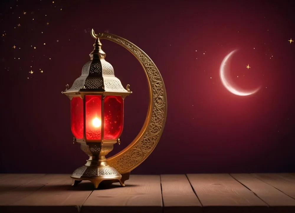 Minimal Soft Studio Light Photography A Golden Arabic Lamp With Red Glass On A Wooden Surface Night Sky With Stars And Moon In The Background High Detail Solid Bold Color Background 2 5c30