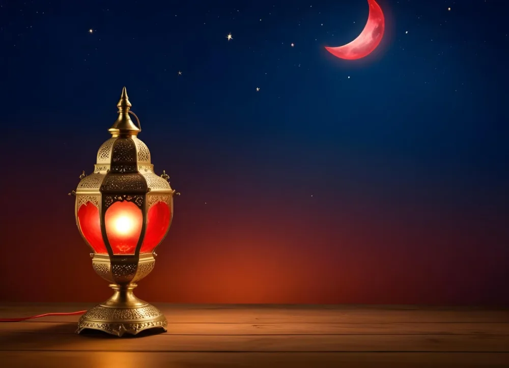 Minimal Soft Studio Light Photography A Golden Arabic Lamp With Red Glass On A Wooden Surface Night Sky With Stars And Moon In The Background High Detail Solid Bold Color Background 21 Abf9