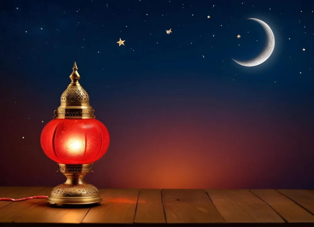 Minimal Soft Studio Light Photography A Golden Arabic Lamp With Red Glass On A Wooden Surface Night Sky With Stars And Moon In The Background High Detail Solid Bold Color Background 22 2bab