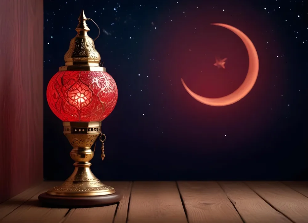 Minimal Soft Studio Light Photography A Golden Arabic Lamp With Red Glass On A Wooden Surface Night Sky With Stars And Moon In The Background High Detail Solid Bold Color Background 23 1d5e
