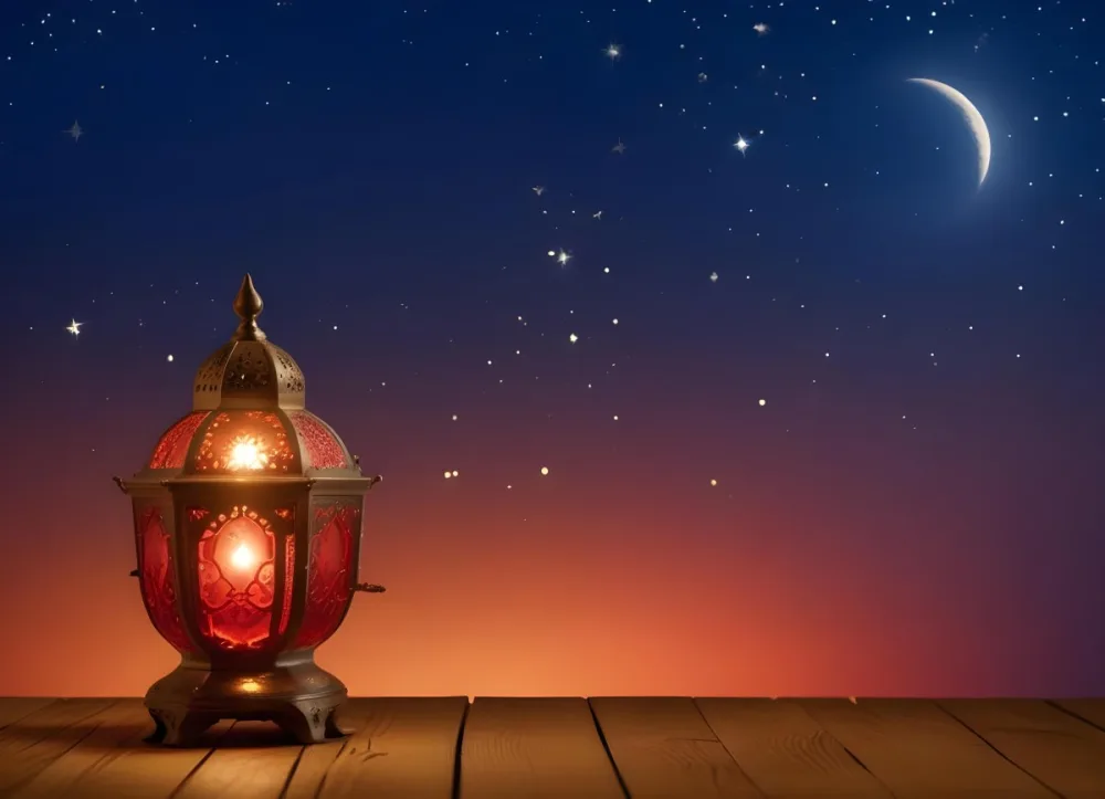 Minimal Soft Studio Light Photography A Golden Arabic Lamp With Red Glass On A Wooden Surface Night Sky With Stars And Moon In The Background High Detail Solid Bold Color Background 24 Aadb
