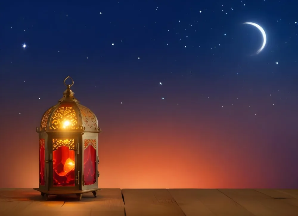 Minimal Soft Studio Light Photography A Golden Arabic Lamp With Red Glass On A Wooden Surface Night Sky With Stars And Moon In The Background High Detail Solid Bold Color Background 3 3c3f