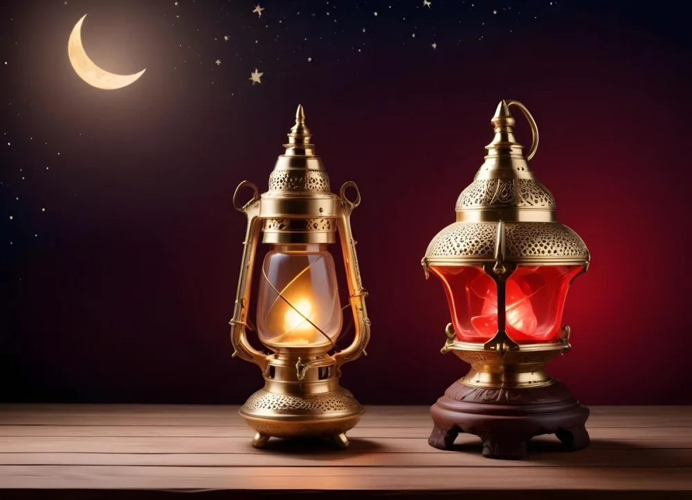 Minimal Soft Studio Light Photography A Golden Arabic Lamp With Red Glass On A Wooden Surface Night Sky With Stars And Moon In The Background High Detail Solid Bold Color Background 4 D687
