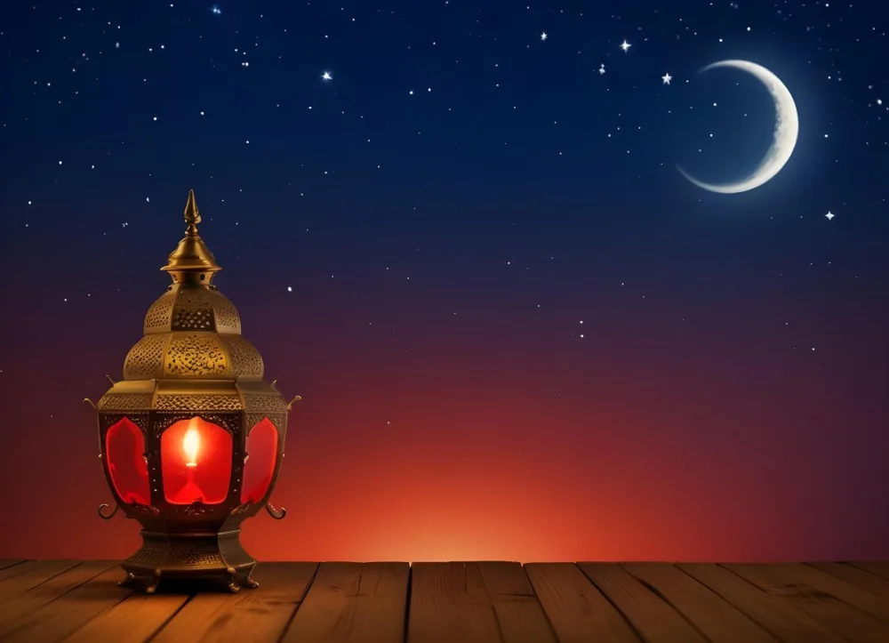 Minimal Soft Studio Light Photography A Golden Arabic Lamp With Red Glass On A Wooden Surface Night Sky With Stars And Moon In The Background High Detail Solid Bold Color Background 5 B860