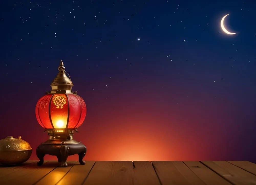 Minimal Soft Studio Light Photography A Golden Arabic Lamp With Red Glass On A Wooden Surface Night Sky With Stars And Moon In The Background High Detail Solid Bold Color Background 6 775c