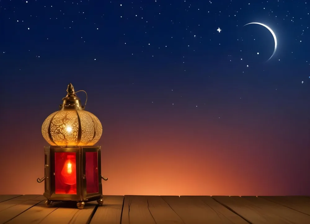 Minimal Soft Studio Light Photography A Golden Arabic Lamp With Red Glass On A Wooden Surface Night Sky With Stars And Moon In The Background High Detail Solid Bold Color Background 7 0c4e