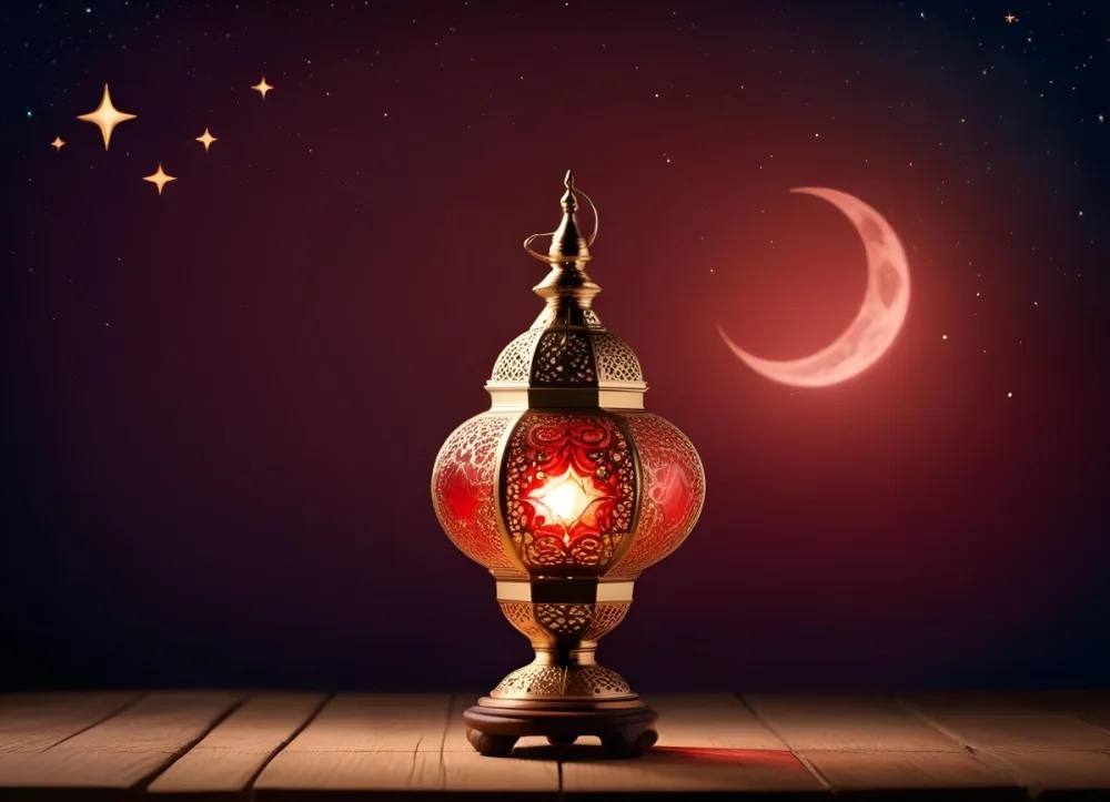 Minimal Soft Studio Light Photography A Golden Arabic Lamp With Red Glass On A Wooden Surface Night Sky With Stars And Moon In The Background High Detail Solid Bold Color Background 8 095e