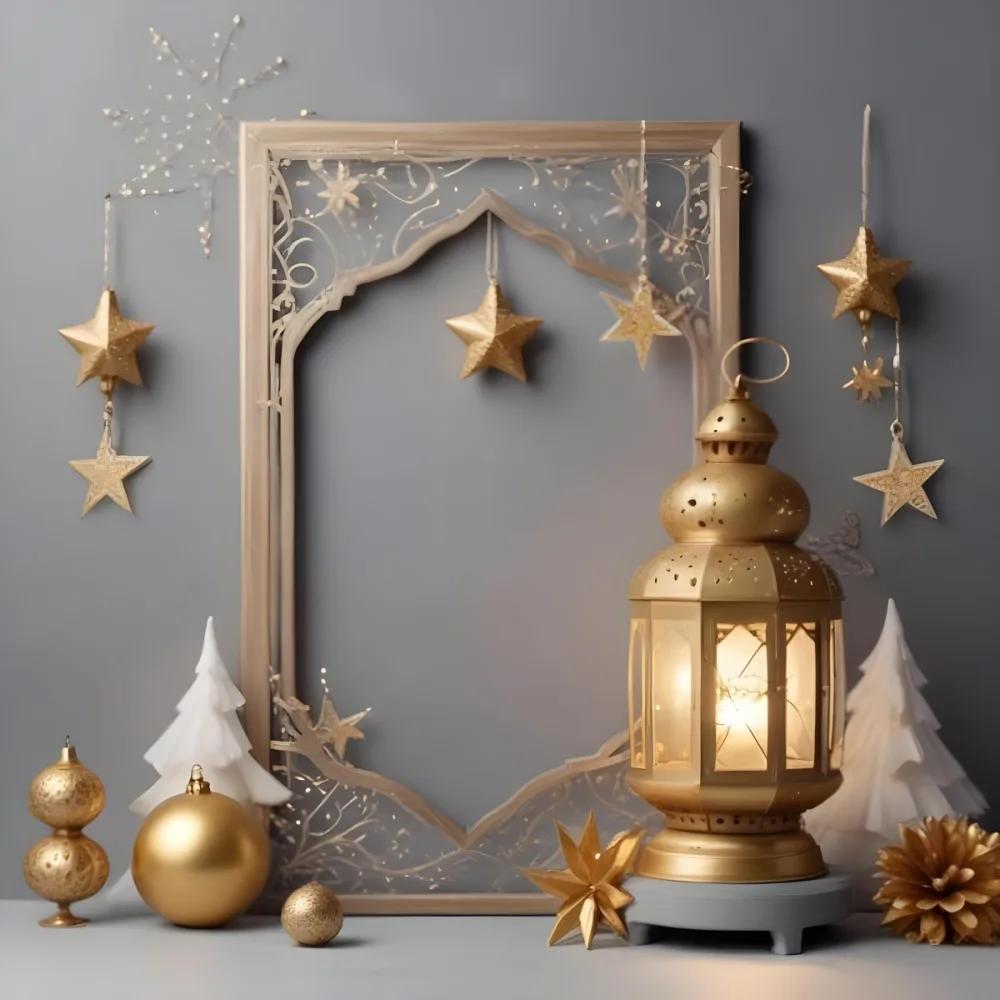 Minimal Soft Studio Light Photography A Golden Lantern With Stars And Ornaments On A Gray Background Creating A Festive And Cozy Atmosphere High Detail Solid Bold Color Background 12 A8ef