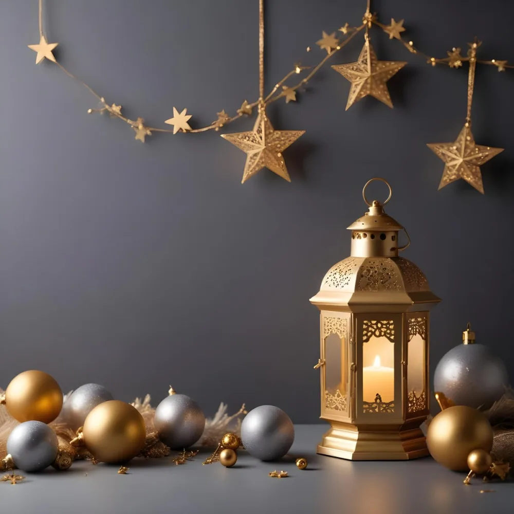 Minimal Soft Studio Light Photography A Golden Lantern With Stars And Ornaments On A Gray Background Creating A Festive And Cozy Atmosphere High Detail Solid Bold Color Background 3 Af30