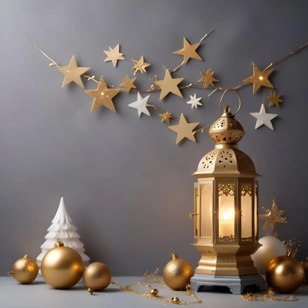 Minimal Soft Studio Light Photography A Golden Lantern With Stars And Ornaments On A Gray Background Creating A Festive And Cozy Atmosphere High Detail Solid Bold Color Background 4 B219