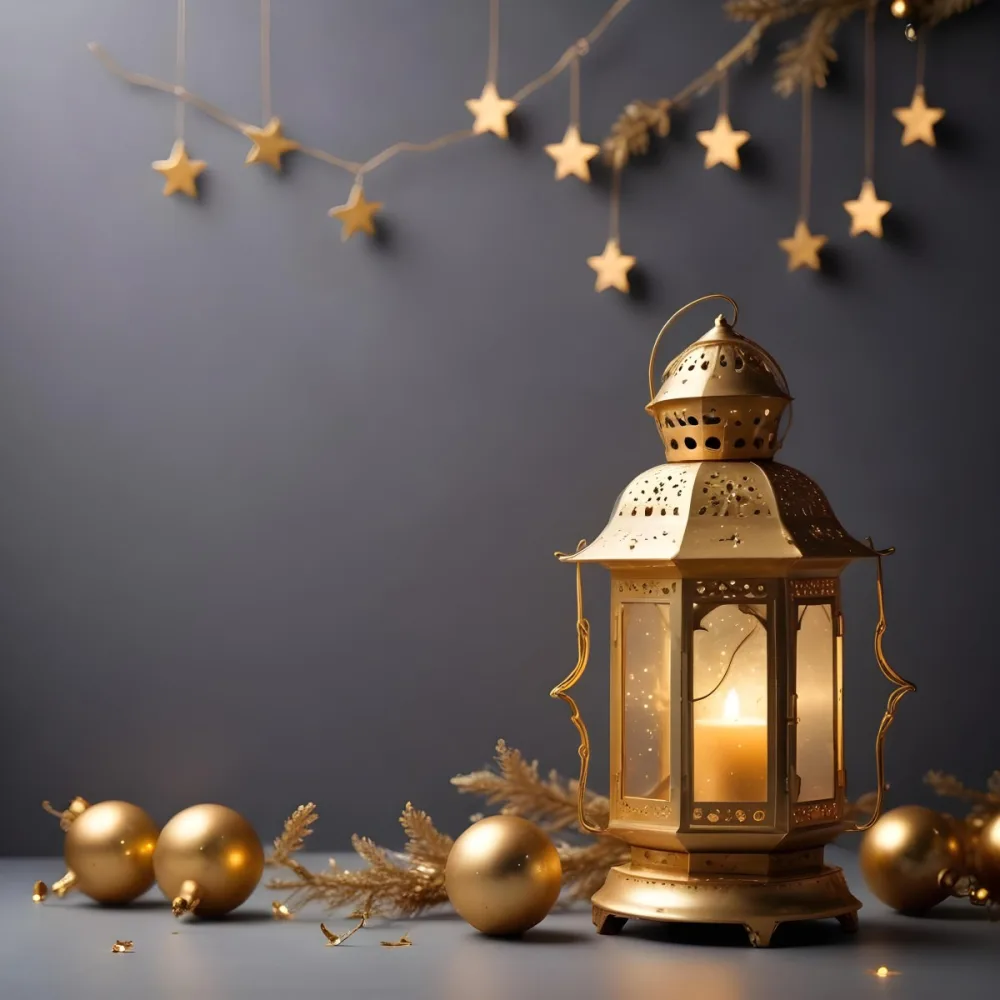 Minimal Soft Studio Light Photography A Golden Lantern With Stars And Ornaments On A Gray Background Creating A Festive And Cozy Atmosphere High Detail Solid Bold Color Background 5 Dd85