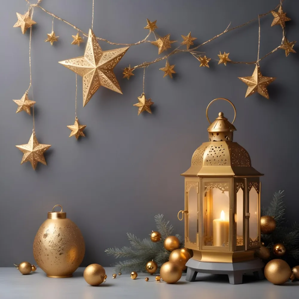 Minimal Soft Studio Light Photography A Golden Lantern With Stars And Ornaments On A Gray Background Creating A Festive And Cozy Atmosphere High Detail Solid Bold Color Background 6 45f1