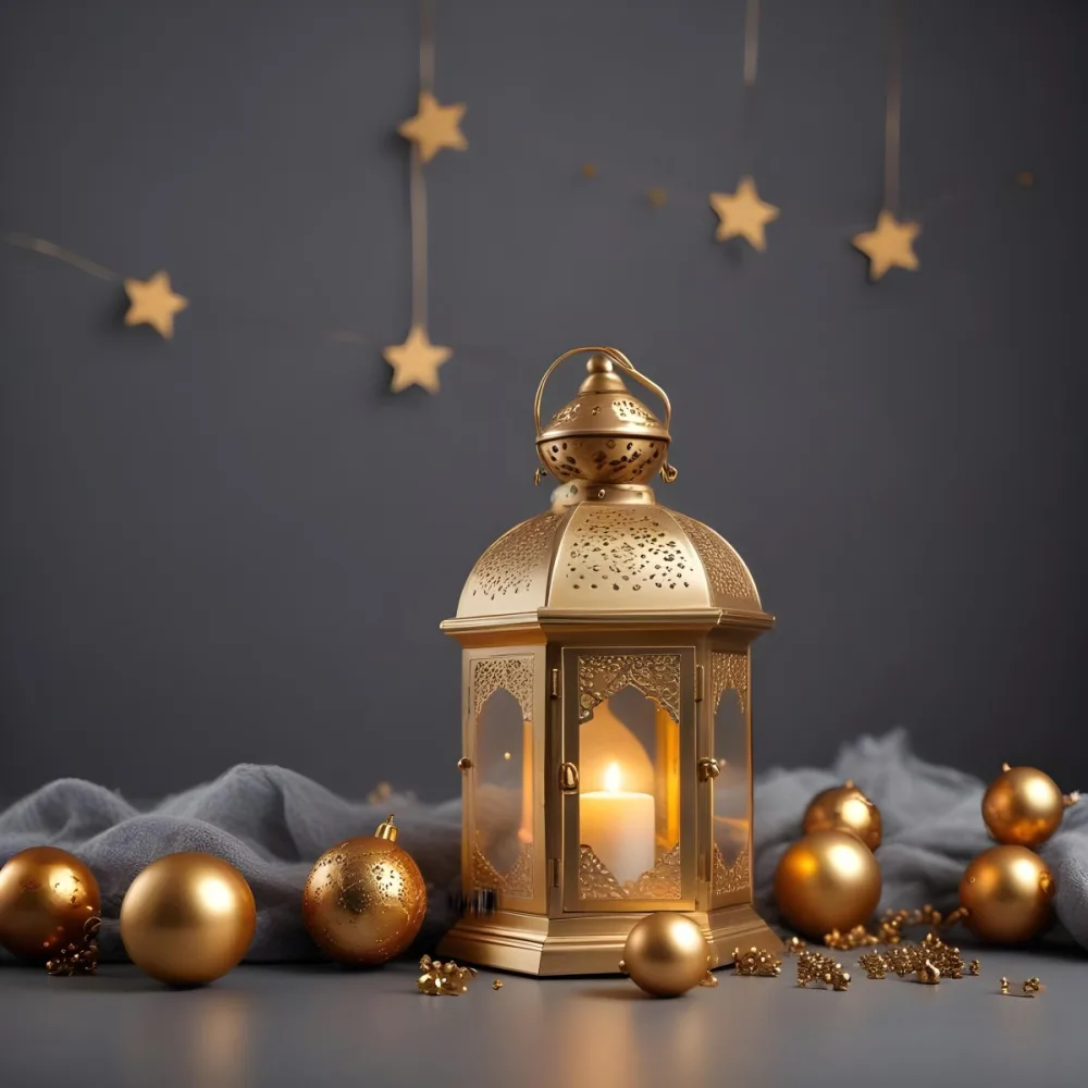 Minimal Soft Studio Light Photography A Golden Lantern With Stars And Ornaments On A Gray Background Creating A Festive And Cozy Atmosphere High Detail Solid Bold Color Background 7 B2d3