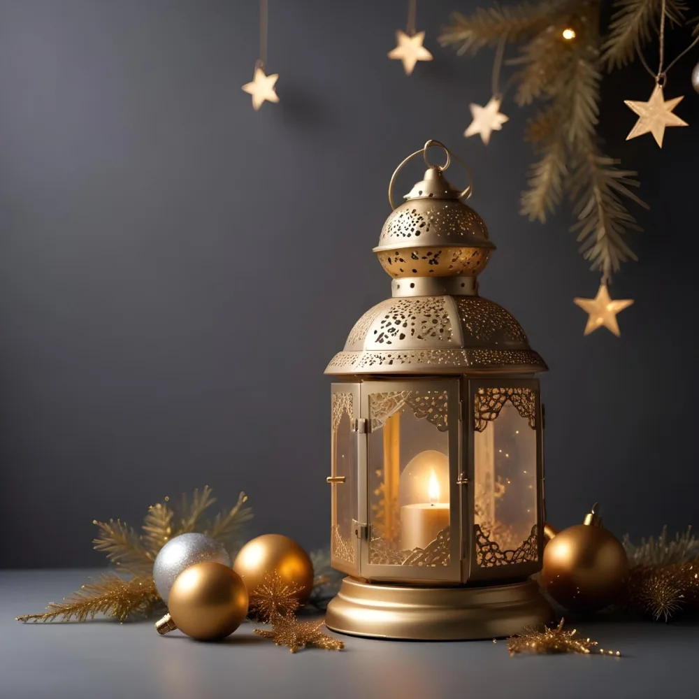 Minimal Soft Studio Light Photography A Golden Lantern With Stars And Ornaments On A Gray Background Creating A Festive And Cozy Atmosphere High Detail Solid Bold Color Background 8 3a8e