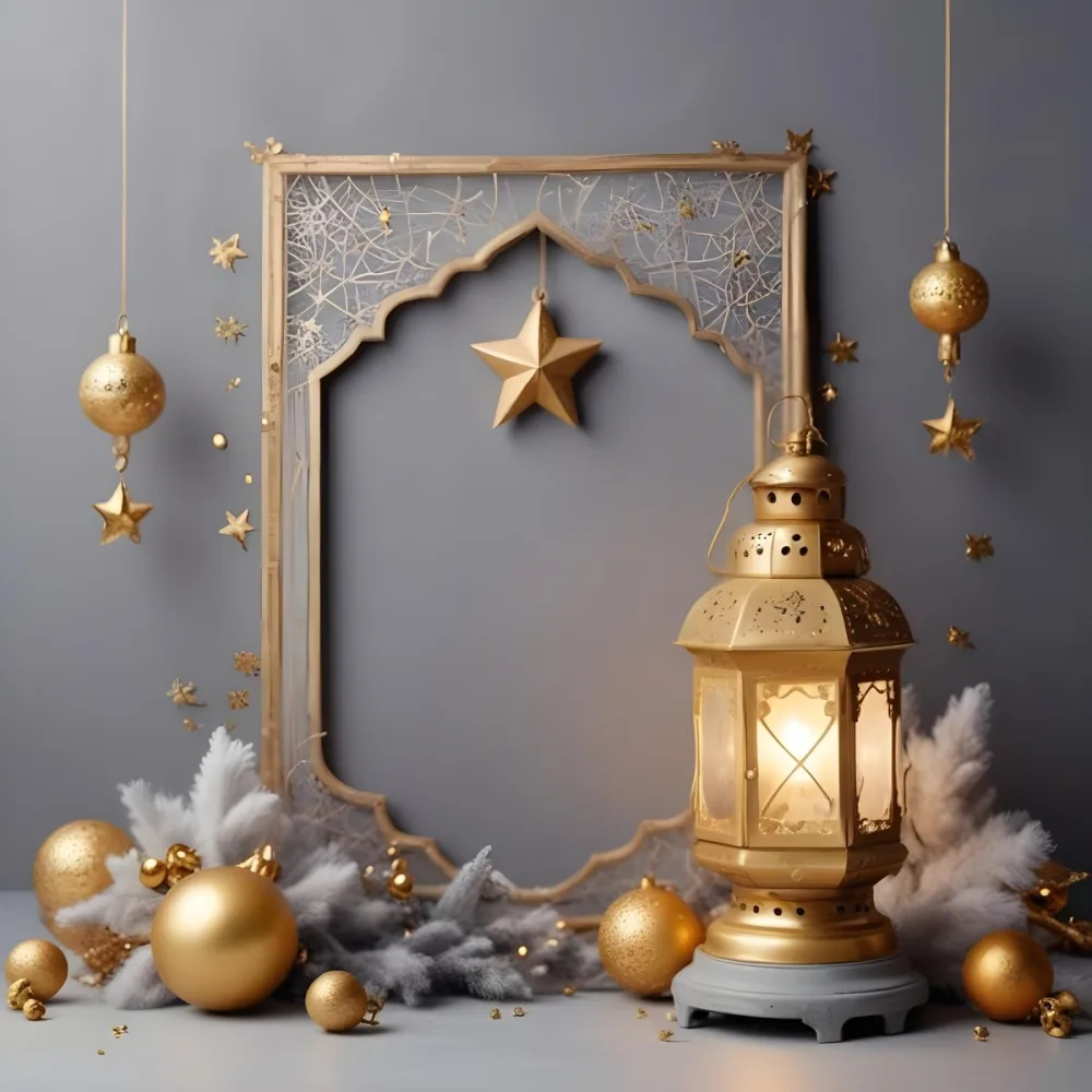 Minimal Soft Studio Light Photography A Golden Lantern With Stars And Ornaments On A Gray Background Creating A Festive And Cozy Atmosphere High Detail Solid Bold Color Background 9 C13b
