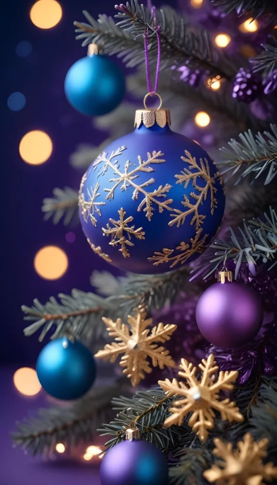 Minimal Soft Studio Light Photography Christmas Tree Branches With A Blue Ornament And Golden Snowflake Decorations Surrounded By Soft Glowing Bokeh Lights In A Purple Background High Detail Solid Bold Color Backgrou 5 2b06