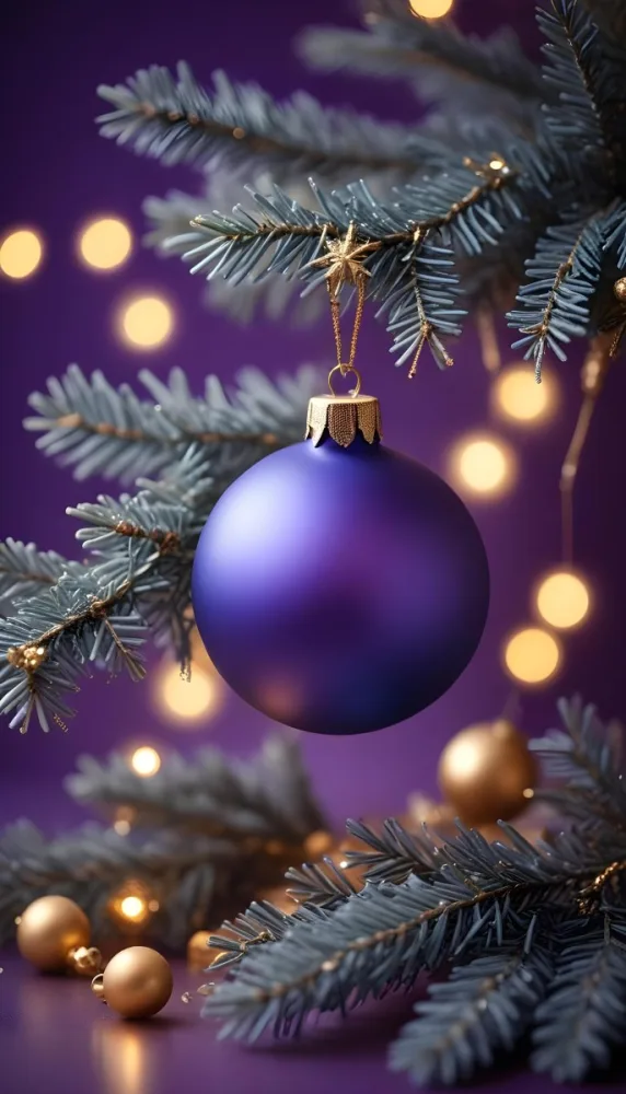 Minimal Soft Studio Light Photography Christmas Tree Branches With A Blue Ornament And Golden Snowflake Decorations Surrounded By Soft Glowing Bokeh Lights In A Purple Background High Detail Solid Bold Color Backgrou 8 D433