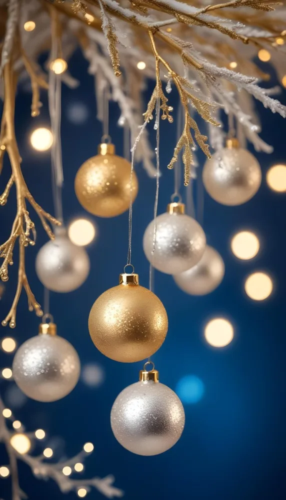 Minimal Soft Studio Light Photography Gold And Silver Ornaments Hanging From Sparkling Branches With Blue And White Bokeh Lights In The Background High Detail Solid Bold Color Background 12 19fb