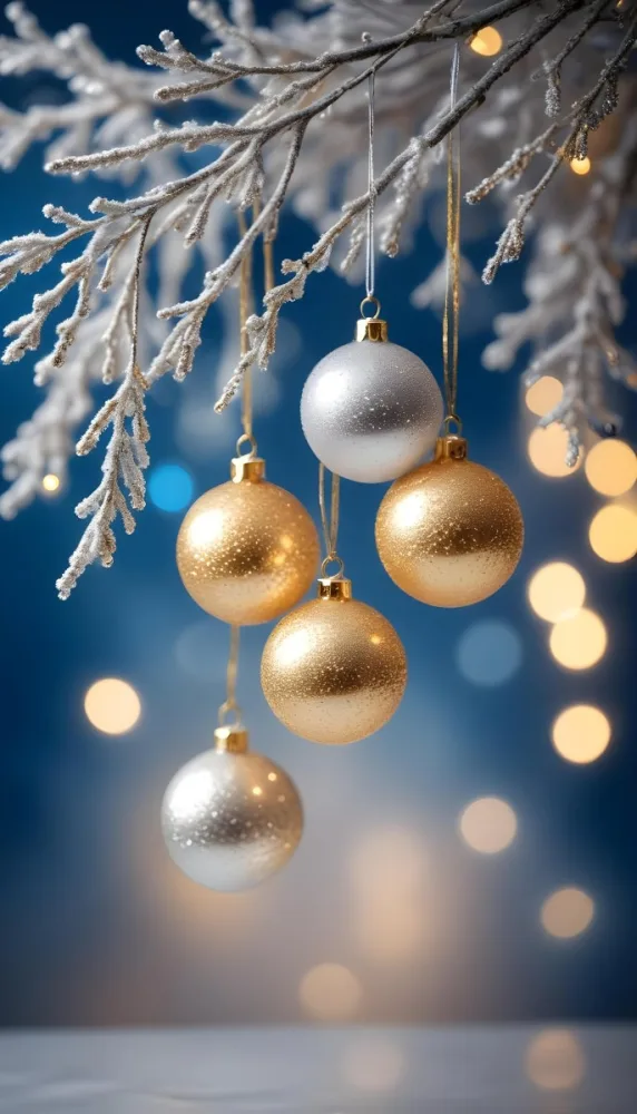 Minimal Soft Studio Light Photography Gold And Silver Ornaments Hanging From Sparkling Branches With Blue And White Bokeh Lights In The Background High Detail Solid Bold Color Background 16 9e0a