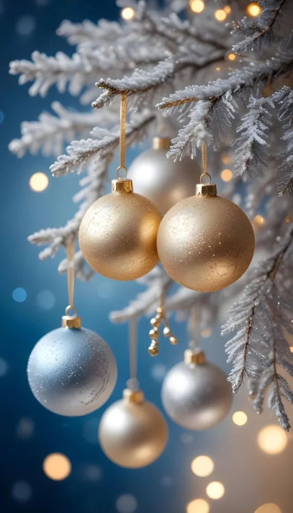 Minimal Soft Studio Light Photography Gold And Silver Ornaments Hanging From Sparkling Branches With Blue And White Bokeh Lights In The Background High Detail Solid Bold Color Background 2 2c3c