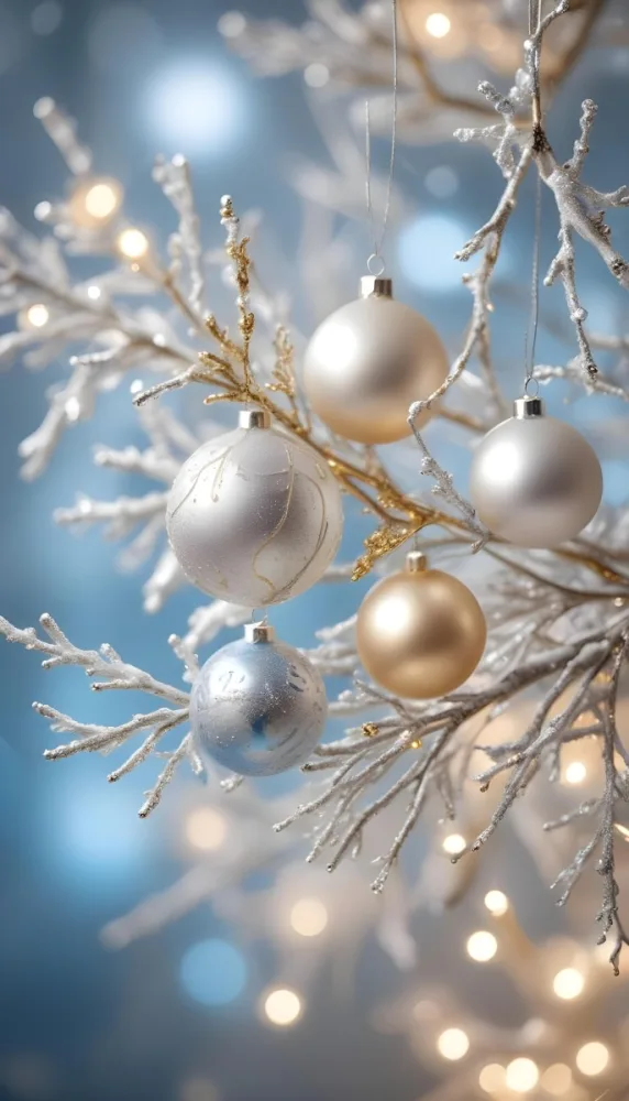 Minimal Soft Studio Light Photography Gold And Silver Ornaments Hanging From Sparkling Branches With Blue And White Bokeh Lights In The Background High Detail Solid Bold Color Background 23 16eb