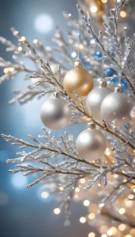 Minimal Soft Studio Light Photography Gold And Silver Ornaments Hanging From Sparkling Branches With Blue And White Bokeh Lights In The Background High Detail Solid Bold Color Background 27 A1a5