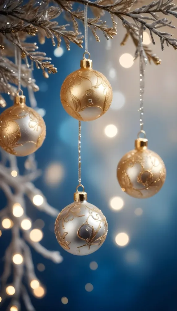 Minimal Soft Studio Light Photography Gold And Silver Ornaments Hanging From Sparkling Branches With Blue And White Bokeh Lights In The Background High Detail Solid Bold Color Background 29 Bd47