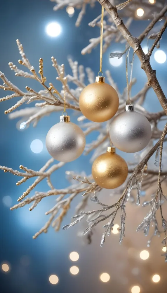 Minimal Soft Studio Light Photography Gold And Silver Ornaments Hanging From Sparkling Branches With Blue And White Bokeh Lights In The Background High Detail Solid Bold Color Background 39 9c3a