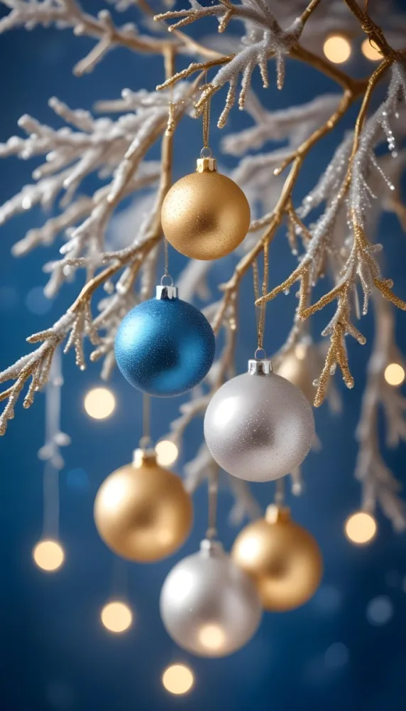 Minimal Soft Studio Light Photography Gold And Silver Ornaments Hanging From Sparkling Branches With Blue And White Bokeh Lights In The Background High Detail Solid Bold Color Background 4 6d68