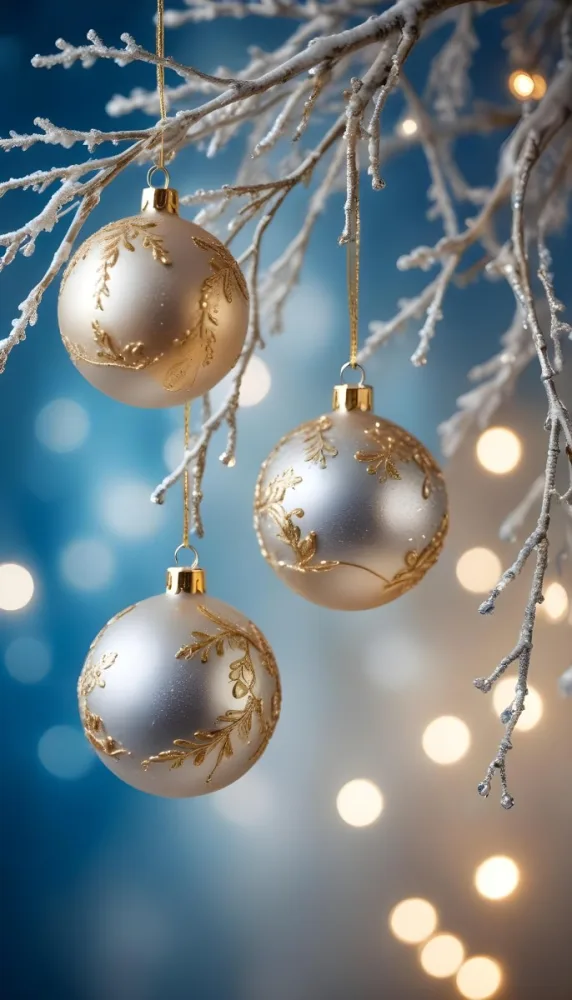 Minimal Soft Studio Light Photography Gold And Silver Ornaments Hanging From Sparkling Branches With Blue And White Bokeh Lights In The Background High Detail Solid Bold Color Background 41 E7c0