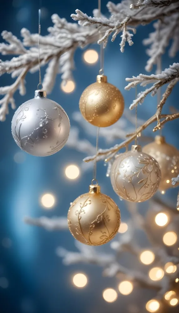 Minimal Soft Studio Light Photography Gold And Silver Ornaments Hanging From Sparkling Branches With Blue And White Bokeh Lights In The Background High Detail Solid Bold Color Background 44 C26f
