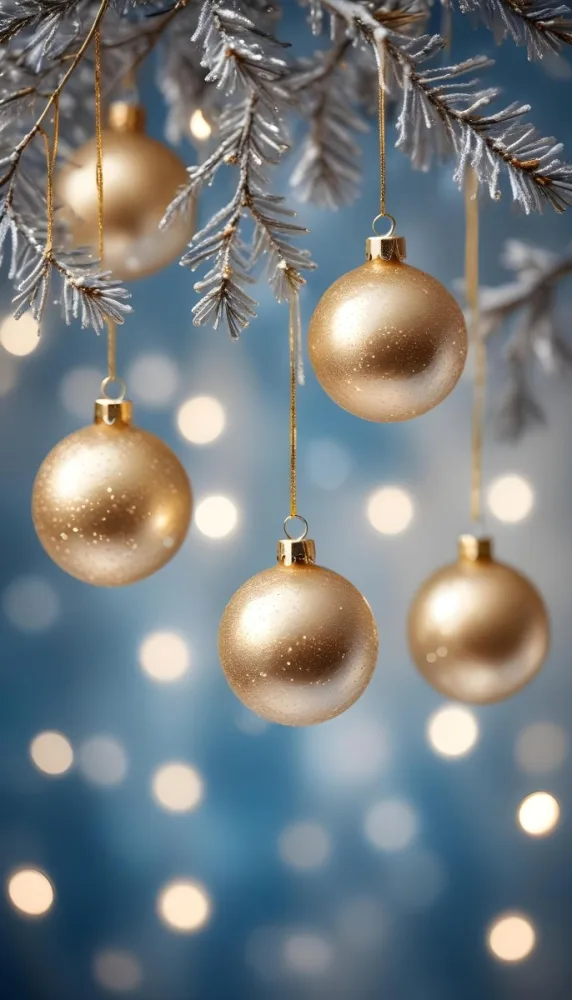 Minimal Soft Studio Light Photography Gold And Silver Ornaments Hanging From Sparkling Branches With Blue And White Bokeh Lights In The Background High Detail Solid Bold Color Background 45 B0a2