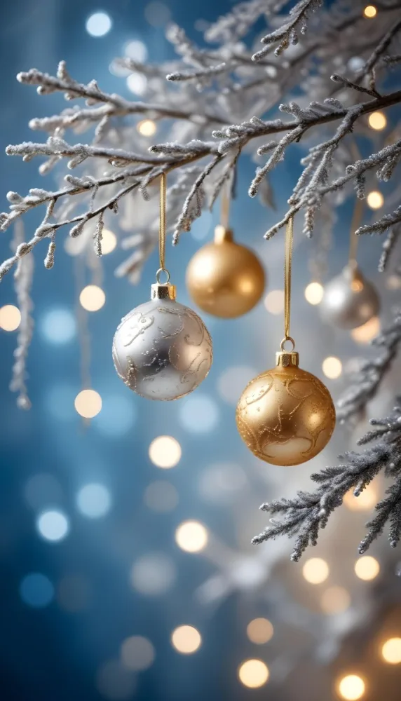 Minimal Soft Studio Light Photography Gold And Silver Ornaments Hanging From Sparkling Branches With Blue And White Bokeh Lights In The Background High Detail Solid Bold Color Background 8 8ad7