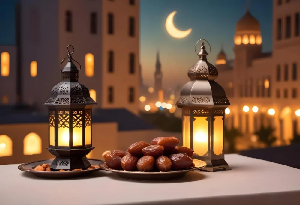 Ramadan Lantern And Dates On A Plate City Buildings In The Background With A Crescent Moon In The Sky Warm Lighting Festive Atmosphere 5 8525