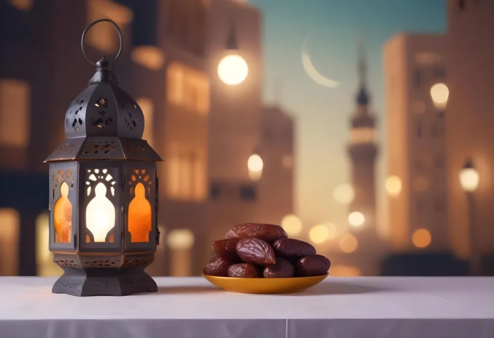 Ramadan Lantern And Dates On A Plate City Buildings In The Background With A Crescent Moon In The Sky Warm Lighting Festive Atmosphere 6 1e3e