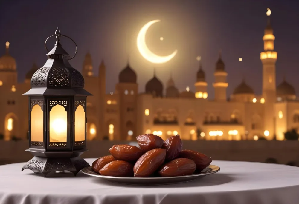 Ramadan Lantern And Dates On A Plate City Buildings In The Background With A Crescent Moon In The Sky Warm Lighting Festive Atmosphere 7 Abd6