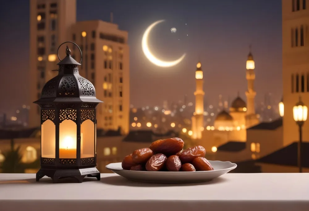 Ramadan Lantern And Dates On A Plate City Buildings In The Background With A Crescent Moon In The Sky Warm Lighting Festive Atmosphere 9 Dfa2