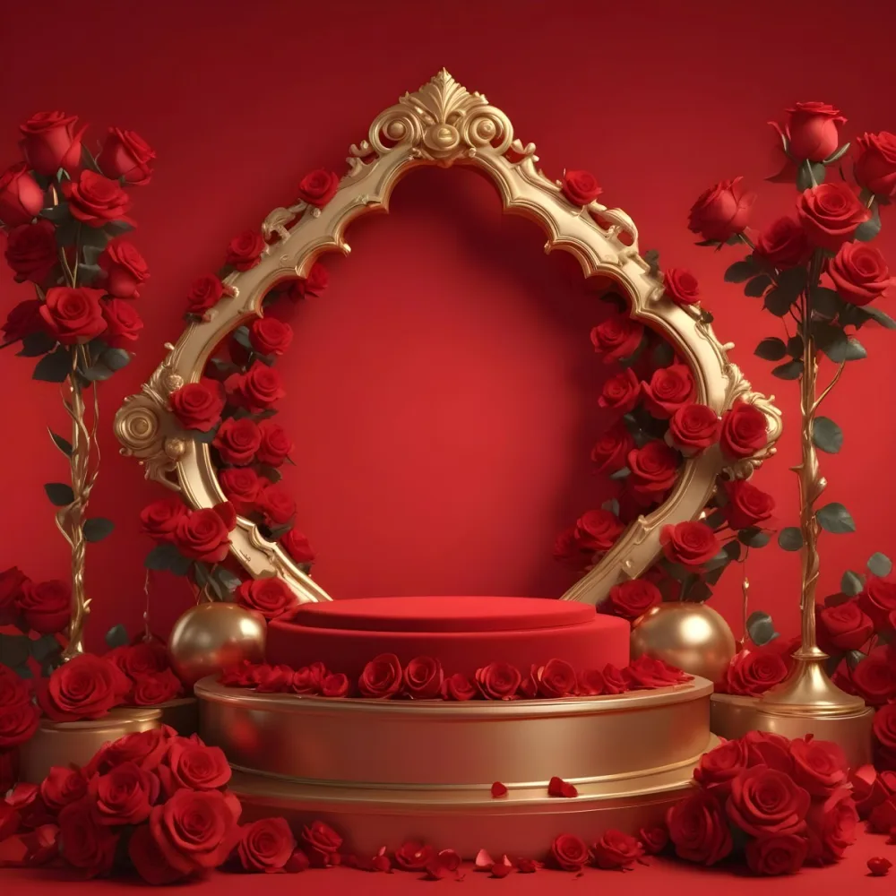 Red Roses Surrounding A Podium With A Golden Frame Red Background Golden Spheres Romantic Theme Product Presentation Elegant Design Valentine S Day Concept 12 6c90