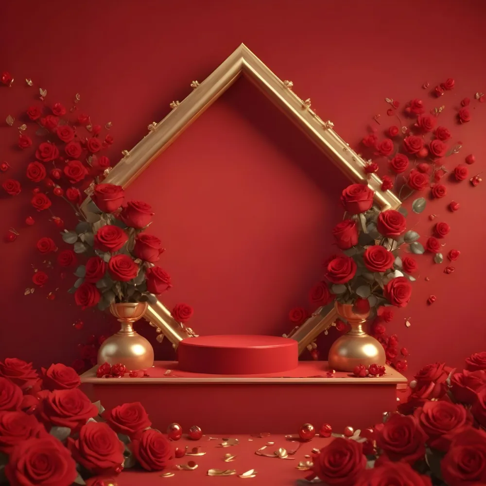 Red Roses Surrounding A Podium With A Golden Frame Red Background Golden Spheres Romantic Theme Product Presentation Elegant Design Valentine S Day Concept 13 Eab0