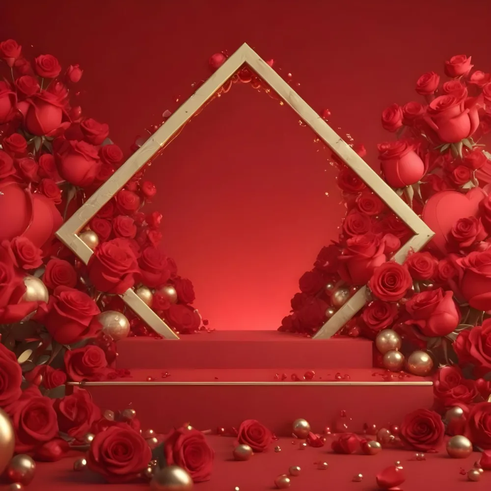 Red Roses Surrounding A Podium With A Golden Frame Red Background Golden Spheres Romantic Theme Product Presentation Elegant Design Valentine S Day Concept 16 D2d3
