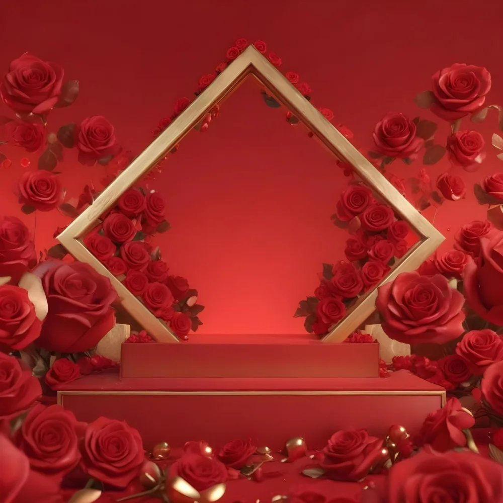 Red Roses Surrounding A Podium With A Golden Frame Red Background Golden Spheres Romantic Theme Product Presentation Elegant Design Valentine S Day Concept 17 9634
