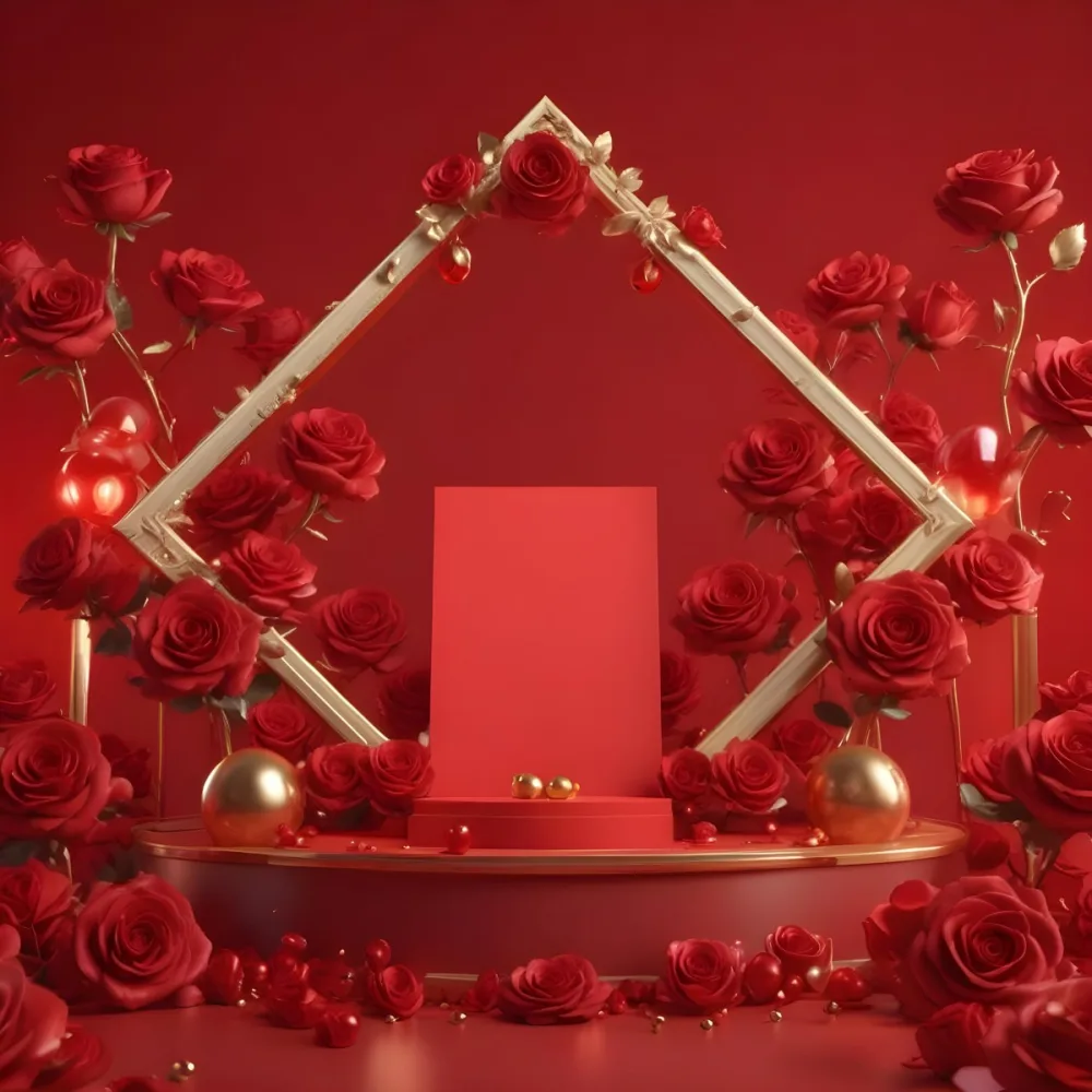 Red Roses Surrounding A Podium With A Golden Frame Red Background Golden Spheres Romantic Theme Product Presentation Elegant Design Valentine S Day Concept 21 178f