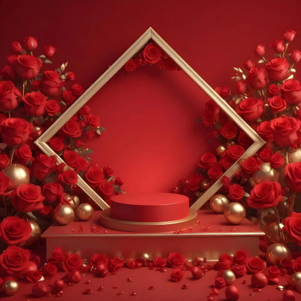 Red Roses Surrounding A Podium With A Golden Frame Red Background Golden Spheres Romantic Theme Product Presentation Elegant Design Valentine S Day Concept 22 F0b8
