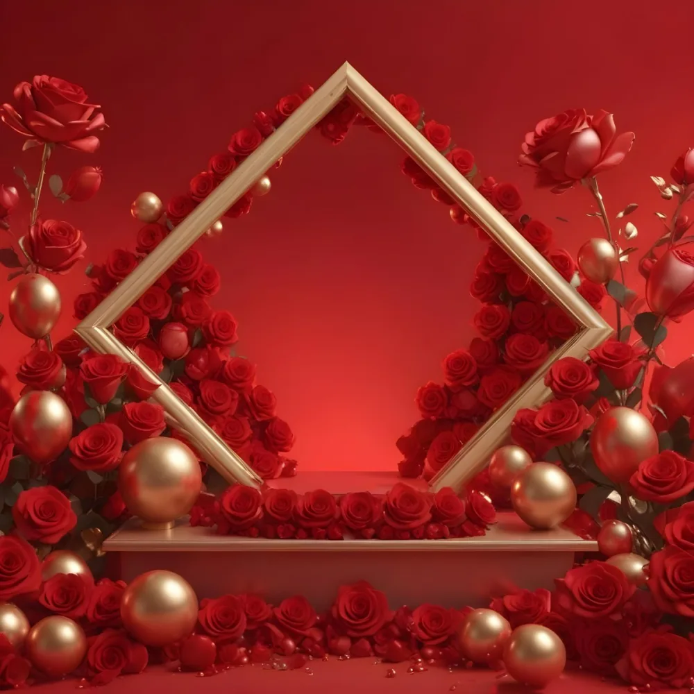 Red Roses Surrounding A Podium With A Golden Frame Red Background Golden Spheres Romantic Theme Product Presentation Elegant Design Valentine S Day Concept 25 58ba
