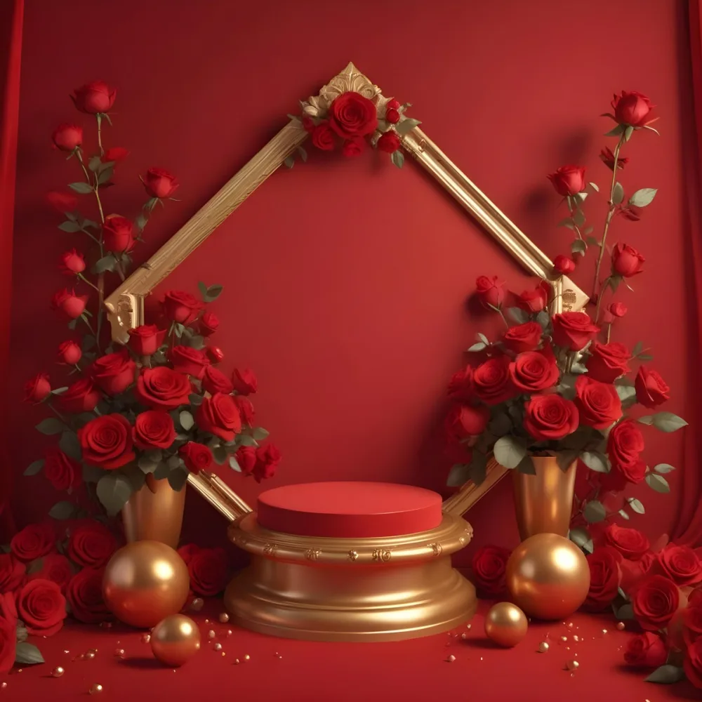 Red Roses Surrounding A Podium With A Golden Frame Red Background Golden Spheres Romantic Theme Product Presentation Elegant Design Valentine S Day Concept 26 15bd