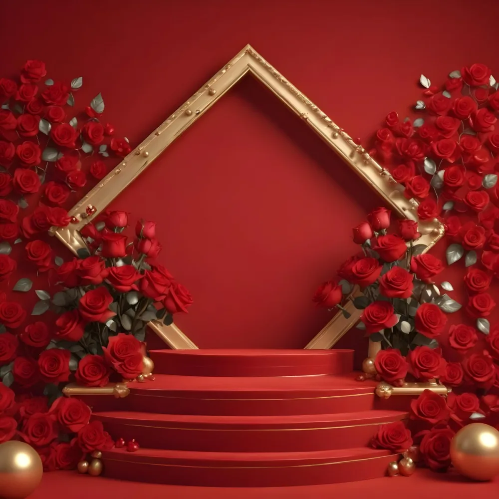 Red Roses Surrounding A Podium With A Golden Frame Red Background Golden Spheres Romantic Theme Product Presentation Elegant Design Valentine S Day Concept 27 C923