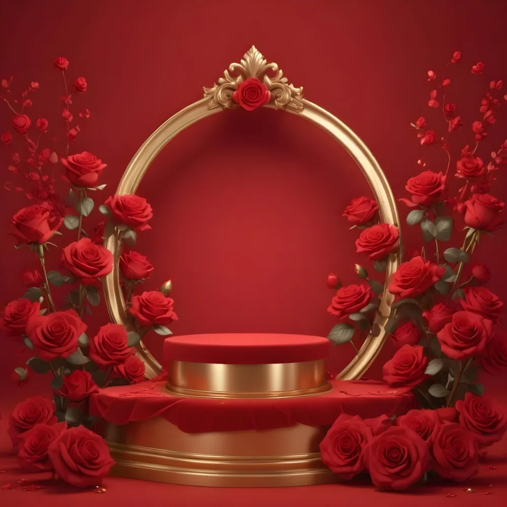 Red Roses Surrounding A Podium With A Golden Frame Red Background Golden Spheres Romantic Theme Product Presentation Elegant Design Valentine S Day Concept 30 9818
