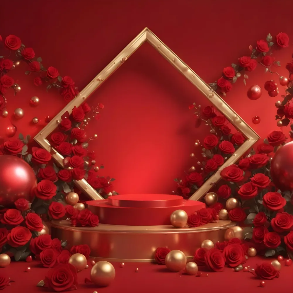 Red Roses Surrounding A Podium With A Golden Frame Red Background Golden Spheres Romantic Theme Product Presentation Elegant Design Valentine S Day Concept 31 51e3