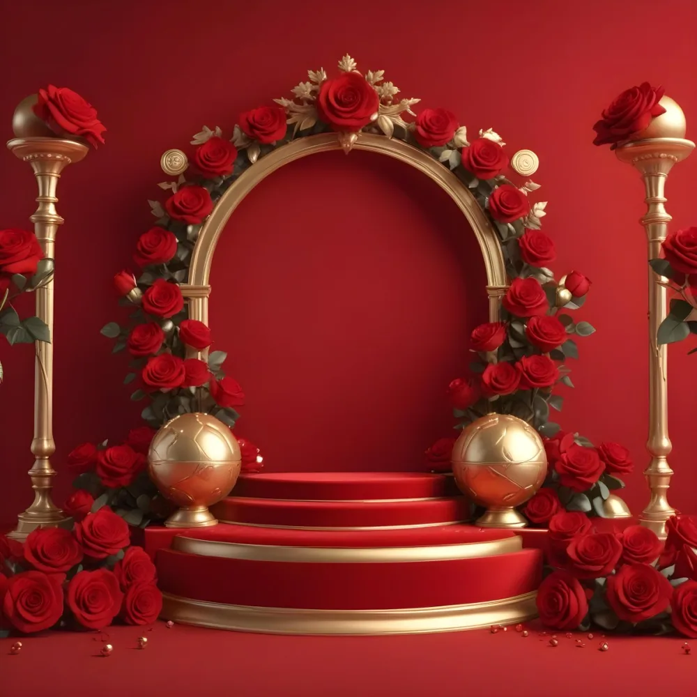 Red Roses Surrounding A Podium With A Golden Frame Red Background Golden Spheres Romantic Theme Product Presentation Elegant Design Valentine S Day Concept 4 C965