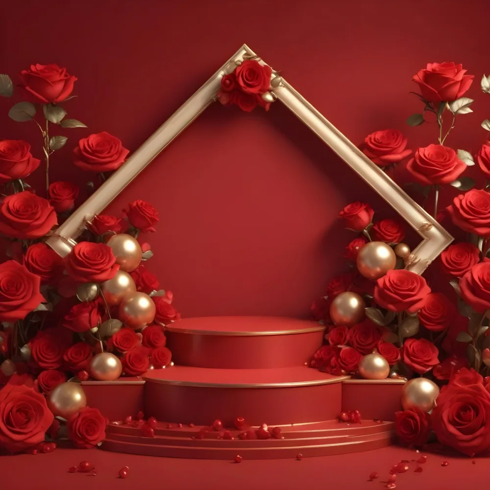 Red Roses Surrounding A Podium With A Golden Frame Red Background Golden Spheres Romantic Theme Product Presentation Elegant Design Valentine S Day Concept 5 7cf0